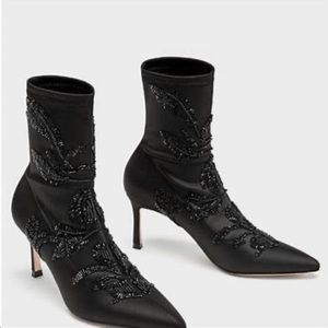 Zara stretch satin beaded ankle booties